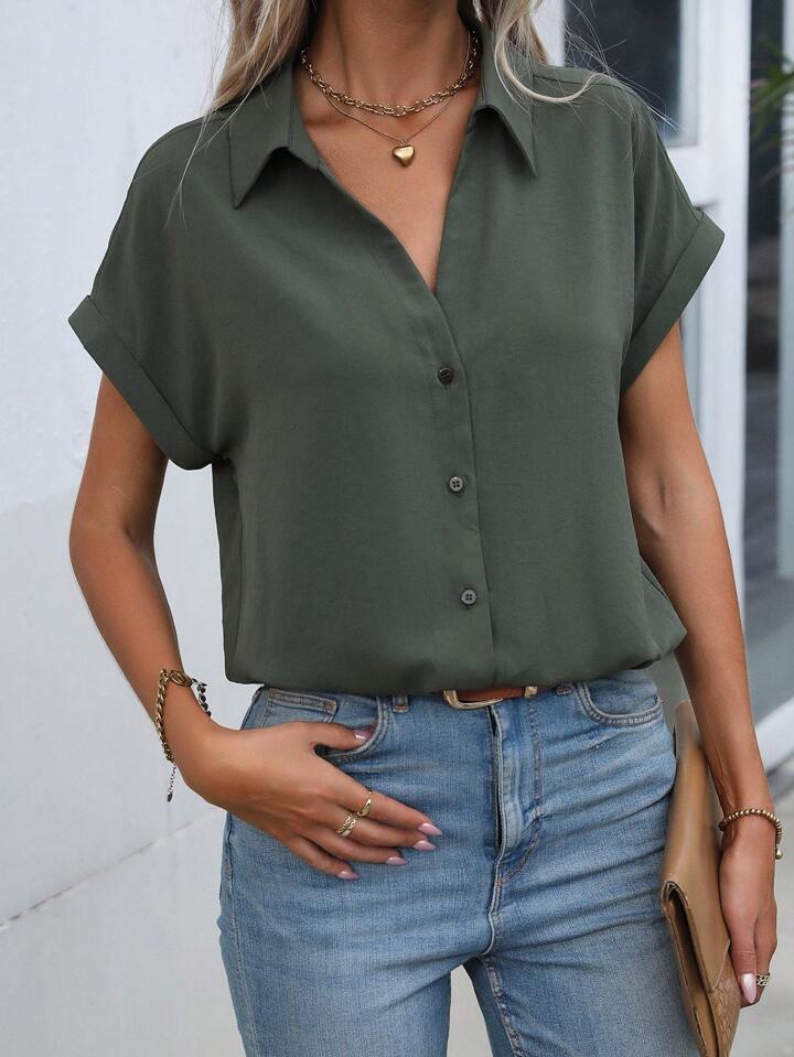 Must-have Short-sleeved Lapel Button Shirt Top - LA FEMME WANDERER