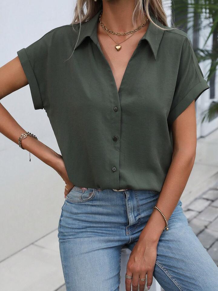 Must-have Short-sleeved Lapel Button Shirt Top - LA FEMME WANDERER