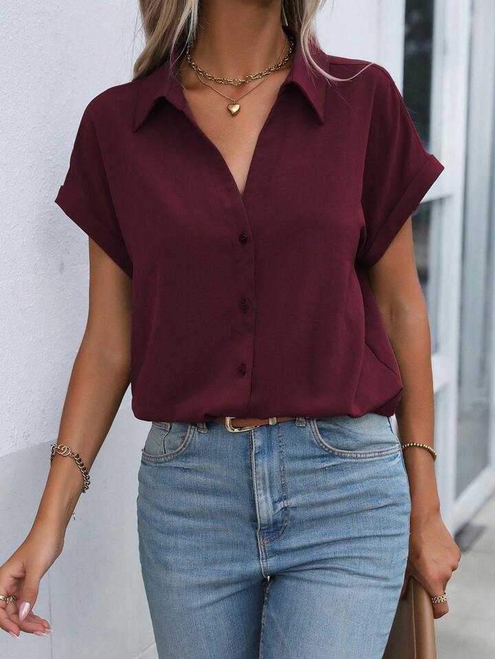 Must-have Short-sleeved Lapel Button Shirt Top - LA FEMME WANDERER