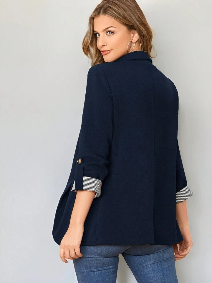 Lapel Notch Collar Roll Tab Sleeve Blazer - LA FEMME WANDERER