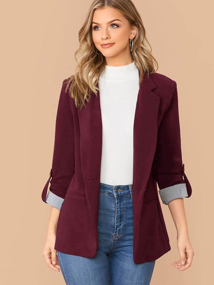 Lapel Notch Collar Roll Tab Sleeve Blazer - LA FEMME WANDERER