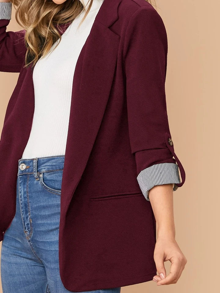 Lapel Notch Collar Roll Tab Sleeve Blazer - LA FEMME WANDERER