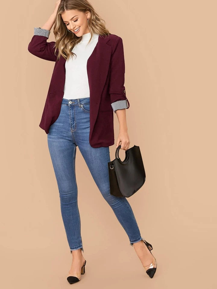 Lapel Notch Collar Roll Tab Sleeve Blazer - LA FEMME WANDERER