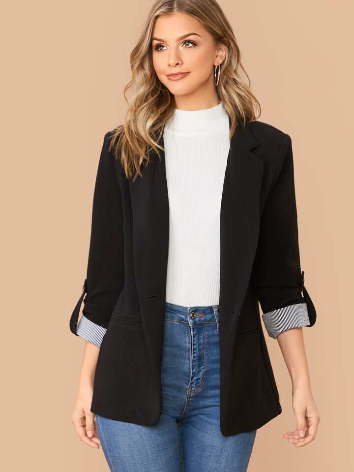 Lapel Notch Collar Roll Tab Sleeve Blazer - LA FEMME WANDERER