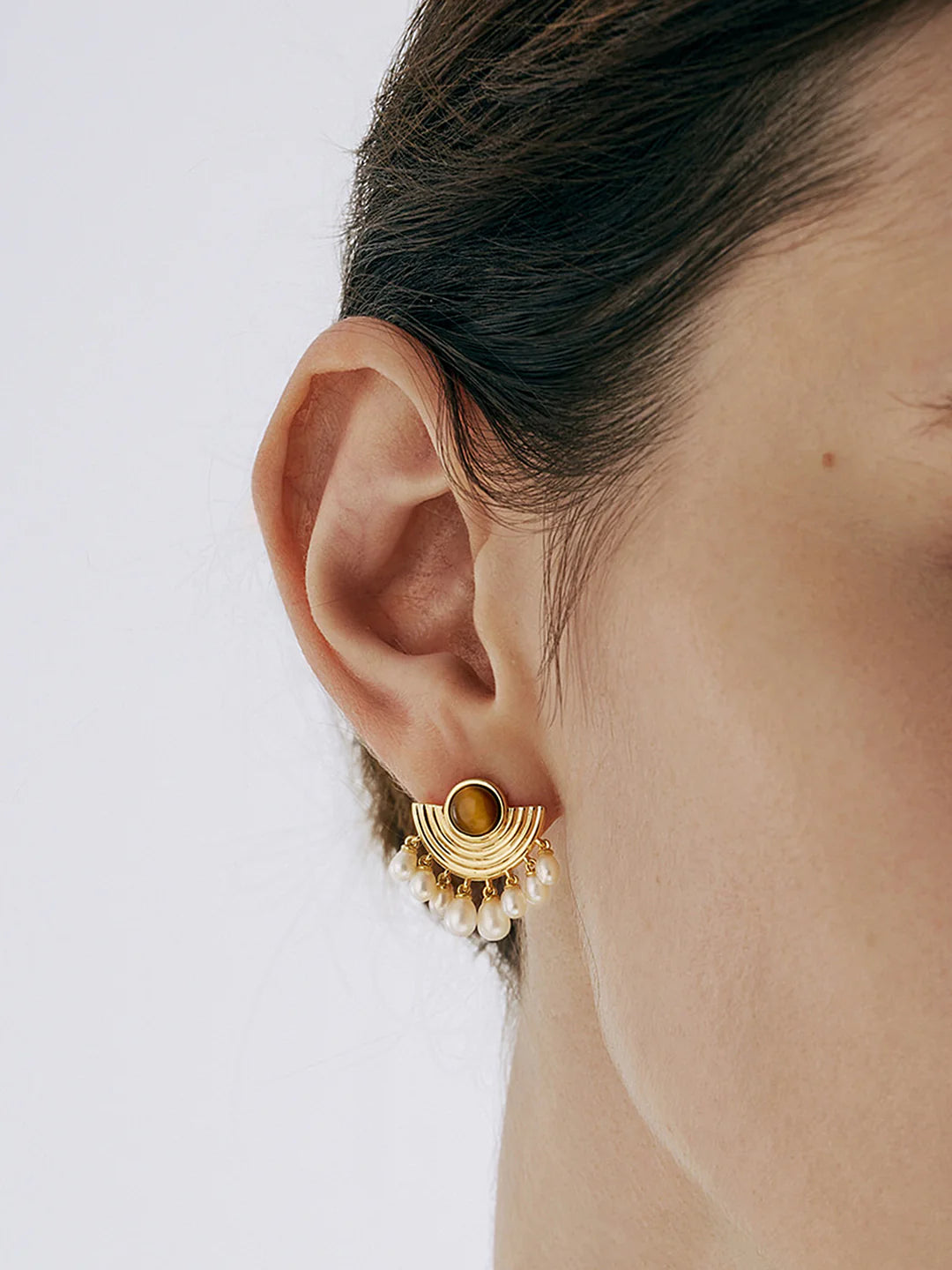 Elegant Pearl and Tiger Eye Earrings - LA FEMME WANDERER