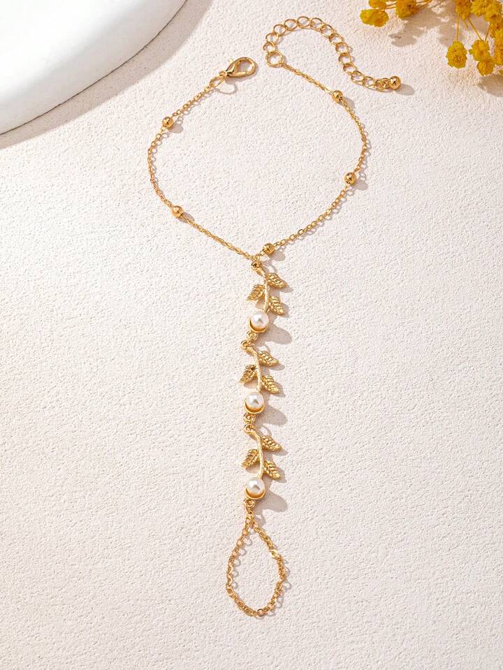 Gold Leaf Hand Chain – Women’s Pearl Accent Finger Bracelet