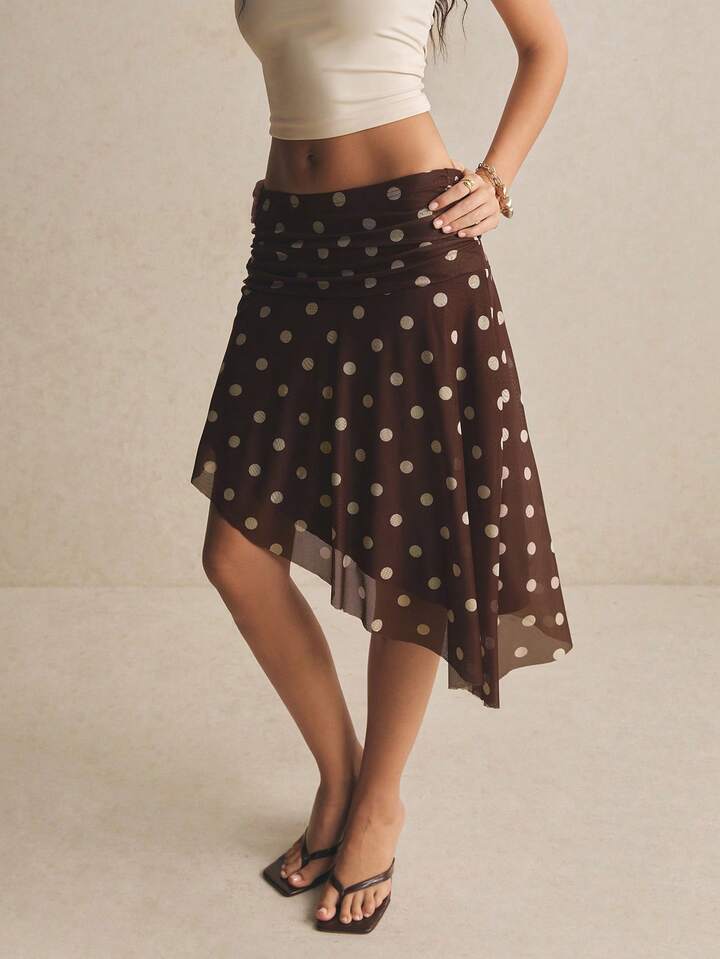 Brown Polka Dot Mesh Skirt – Chic High Waist Asymmetric Hem Skirt