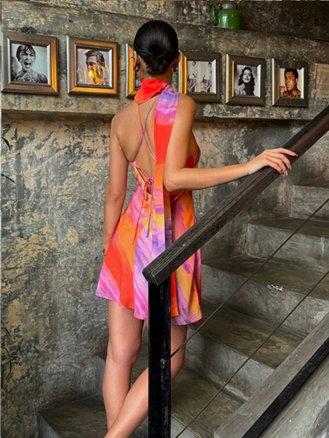 Semi-Sheer Halter Backless Tie Dye Short Dress - LA FEMME WANDERER