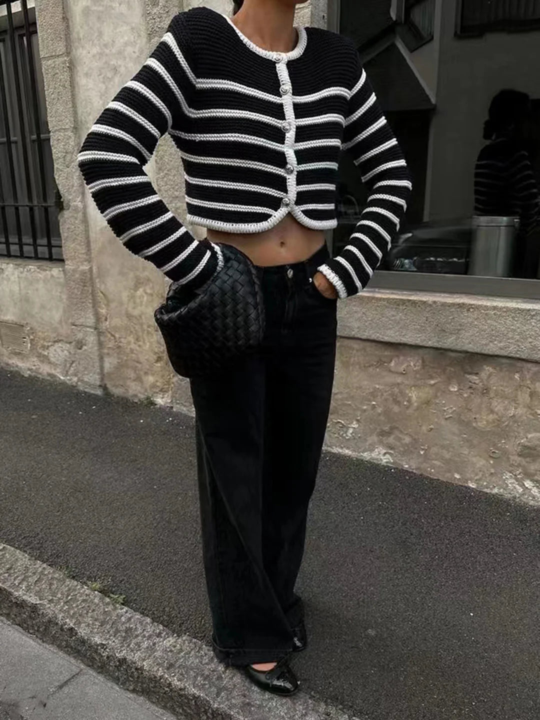Round Neck Striped Buckle Sweater Cardigan Coat - LA FEMME WANDERER