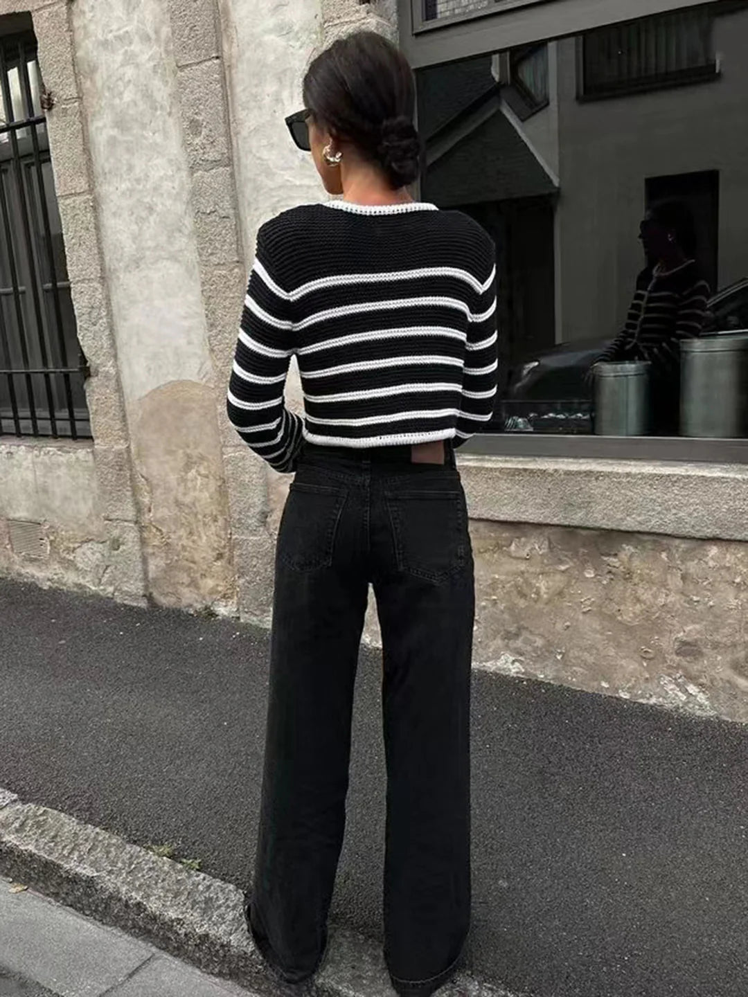 Round Neck Striped Buckle Sweater Cardigan Coat - LA FEMME WANDERER