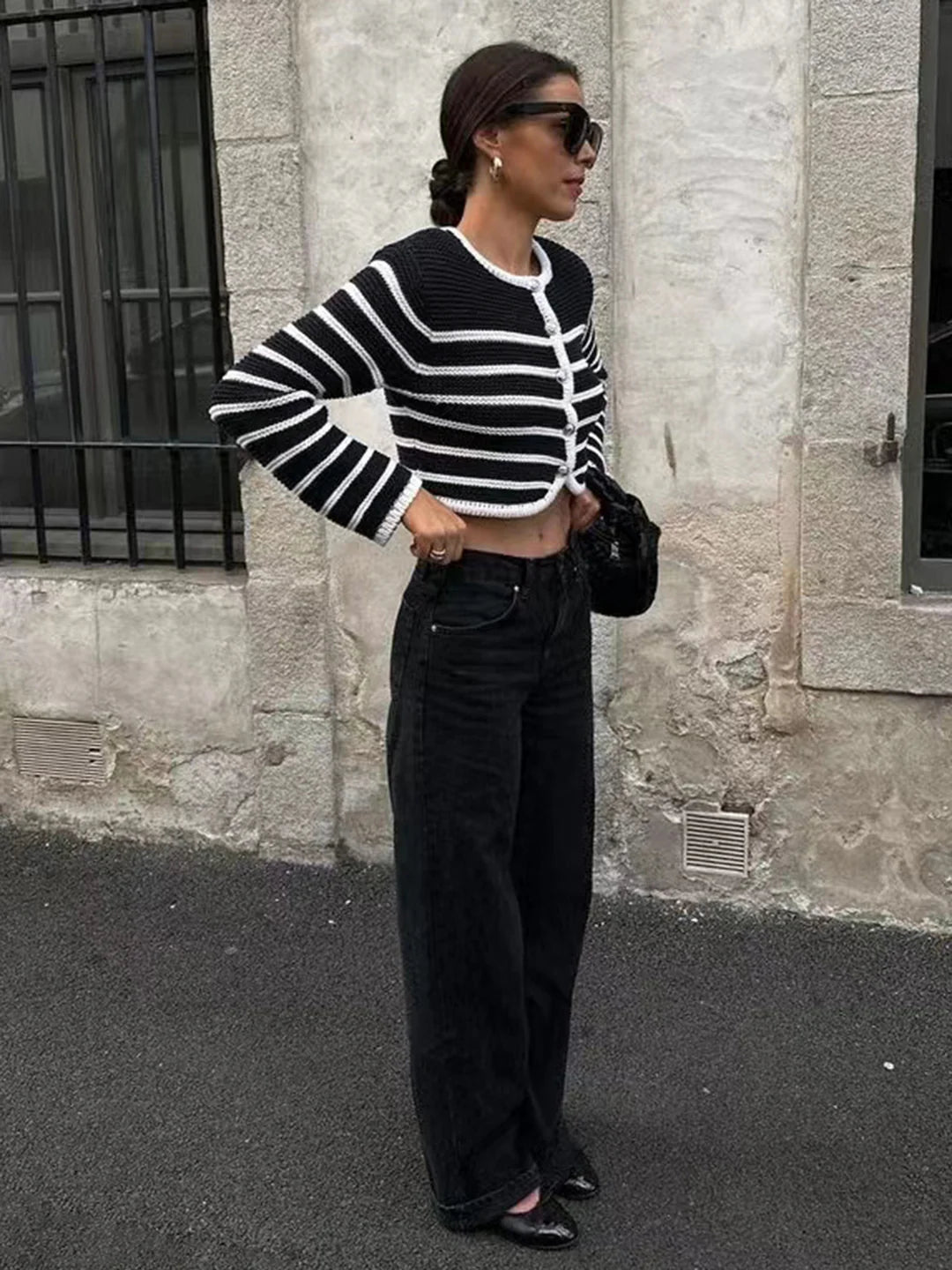 Round Neck Striped Buckle Sweater Cardigan Coat - LA FEMME WANDERER