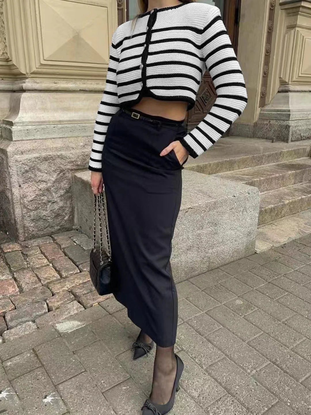 Round Neck Striped Buckle Sweater Cardigan Coat - LA FEMME WANDERER