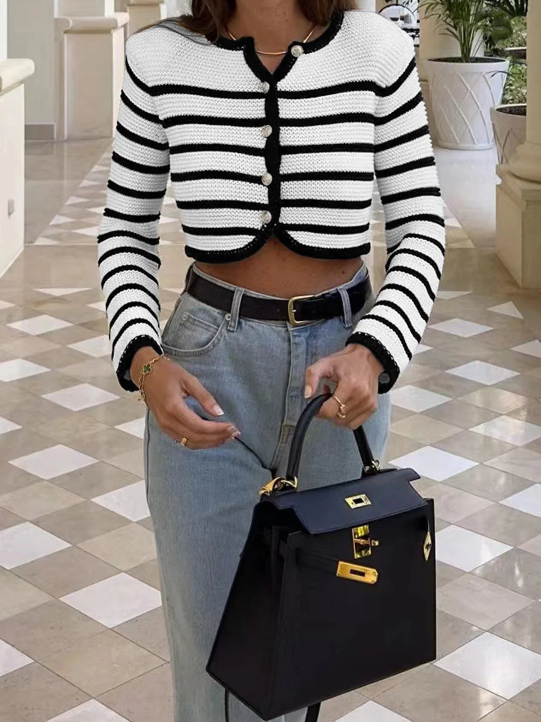 Round Neck Striped Buckle Sweater Cardigan Coat - LA FEMME WANDERER