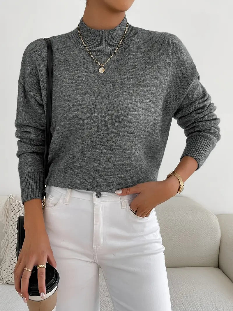 Half Turtleneck Solid Color Long Sleeve Knitted Sweater - LA FEMME WANDERER