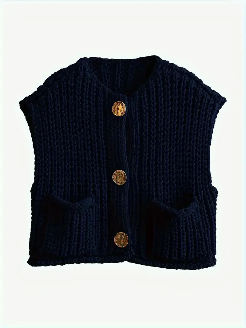 Pocket Sleeveless Short Knitted Cardigan Vest - LA FEMME WANDERER