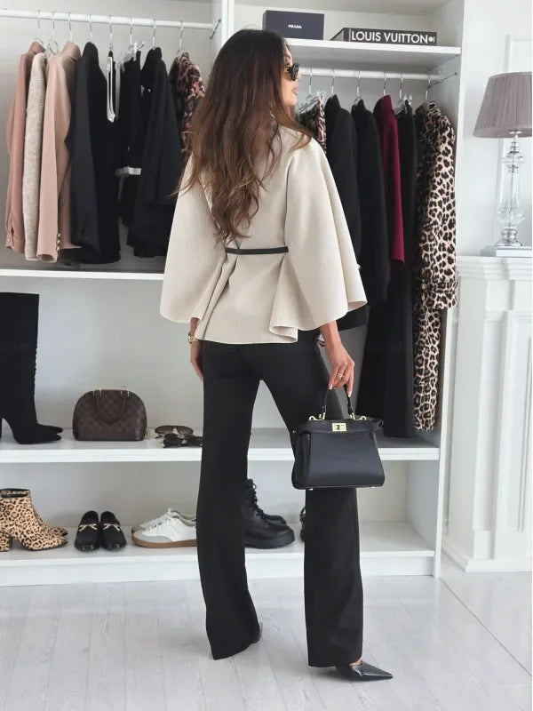 Stand Collar Cloak Top With Belt - LA FEMME WANDERER