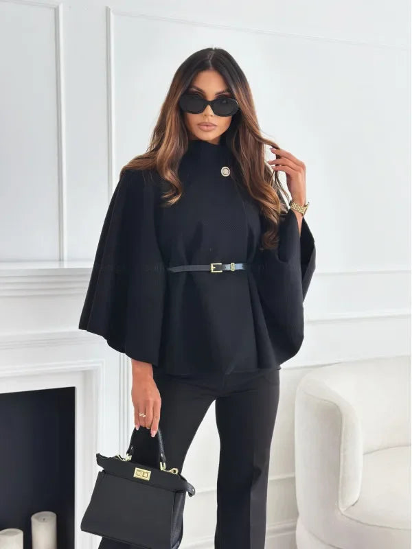 Stand Collar Cloak Top With Belt - LA FEMME WANDERER