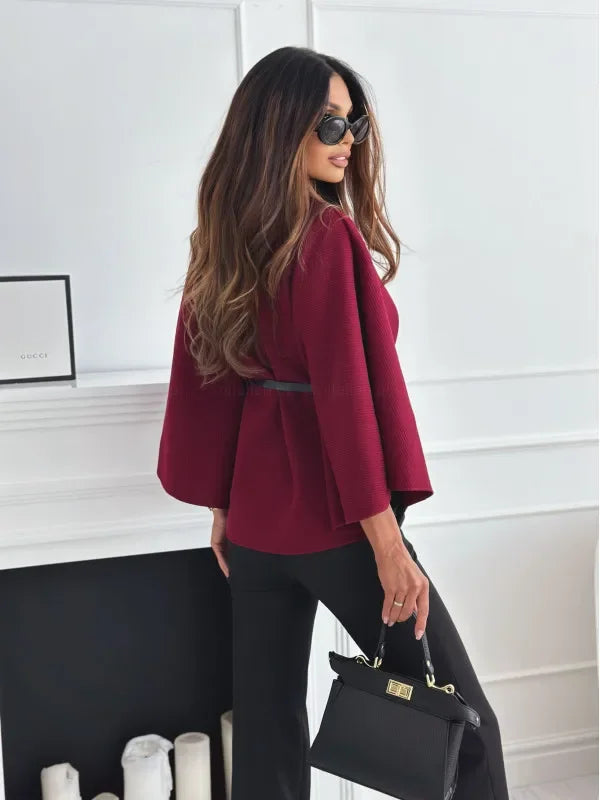 Stand Collar Cloak Top With Belt - LA FEMME WANDERER