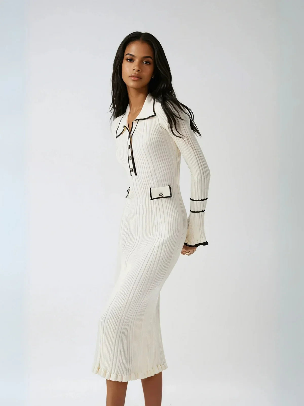 Oldmoney Style Contrast Ruffled Trim Midi Dress - LA FEMME WANDERER