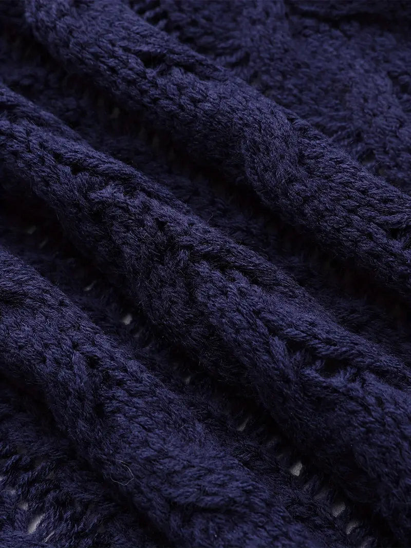 Deep V-neck Navy Blue Cardigan - LA FEMME WANDERER