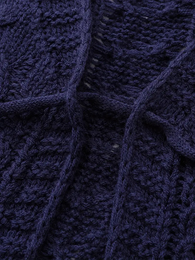 Deep V-neck Navy Blue Cardigan - LA FEMME WANDERER