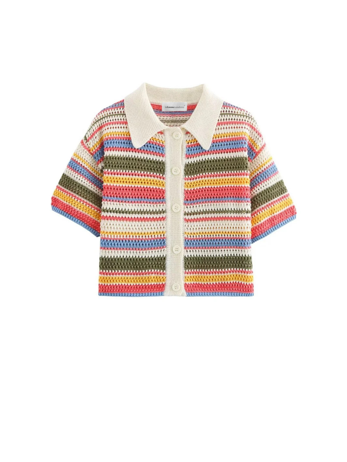 Womens Striped Crochet Knit Crop Top Polo Collar Button Up Short Sleeve Outerwear Chic Fashion