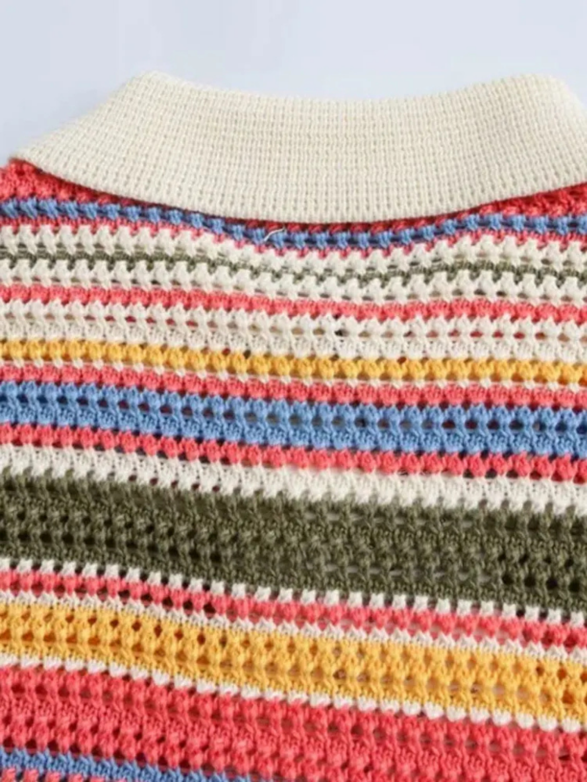 Womens Striped Crochet Knit Crop Top Polo Collar Button Up Short Sleeve Outerwear Chic Fashion