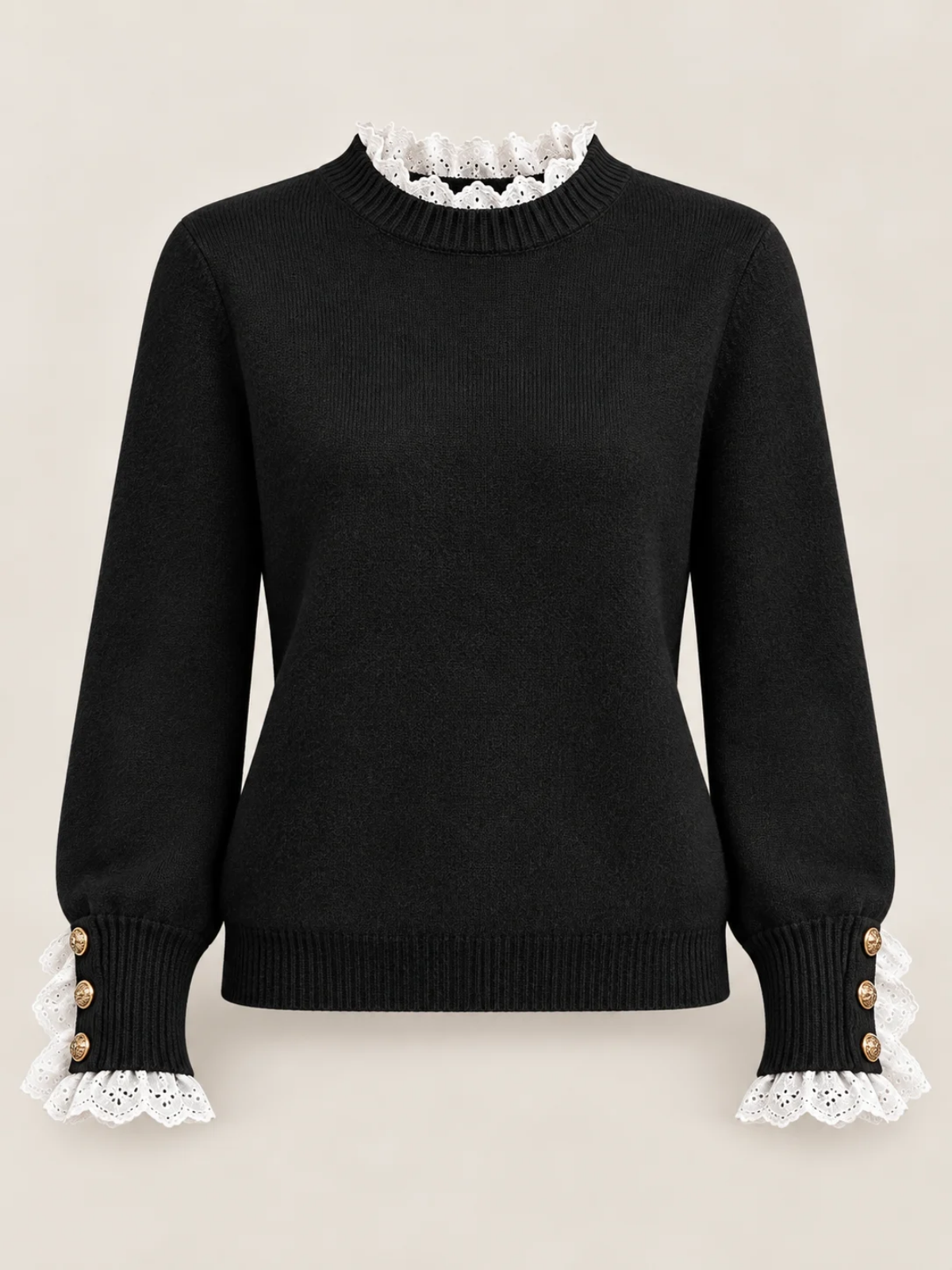 Lace Trim Button Cuff Knit Sweater