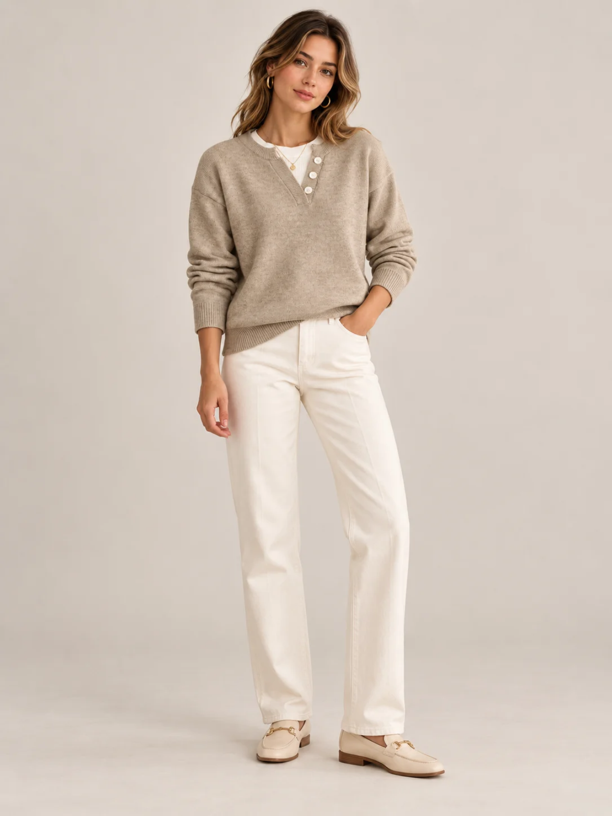 Contrast Trim V-Neck Button Knit Sweater