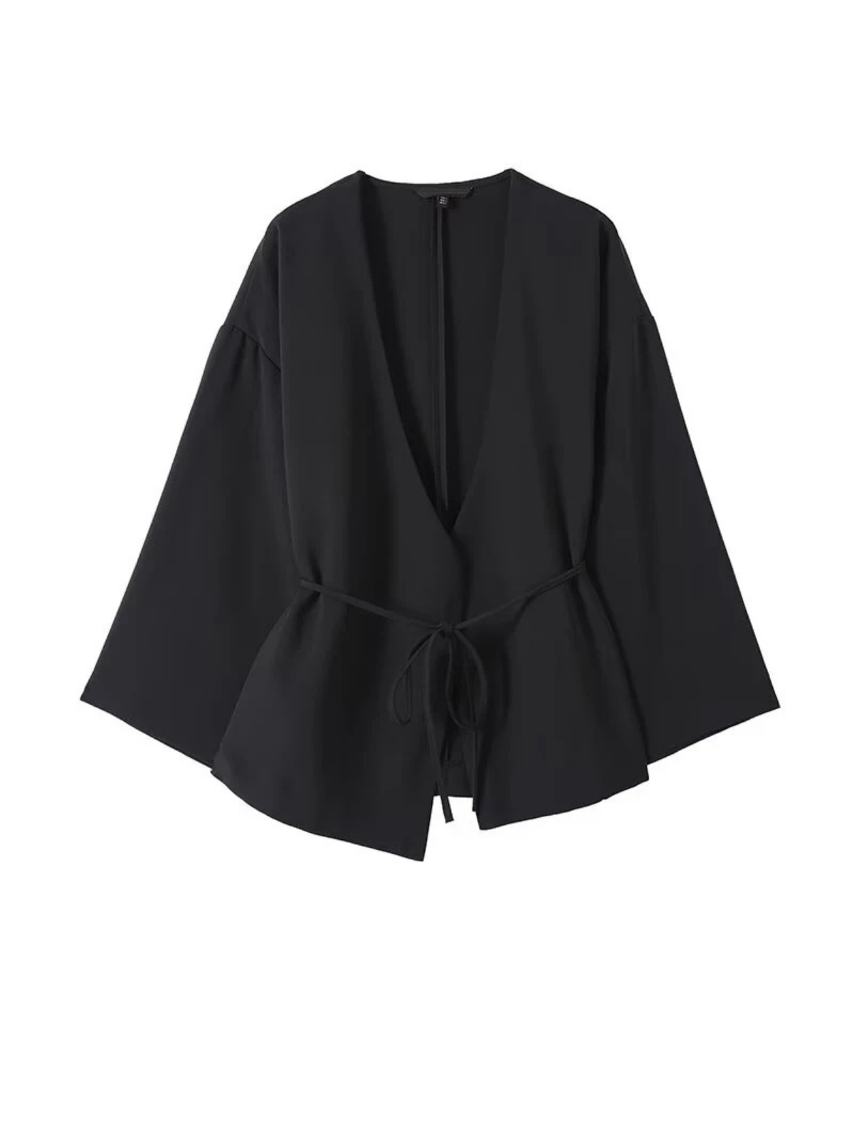 Womens Lace Up Wrap Cross V Neck Long Sleeve Kimono Top Black For Office Casual Wear