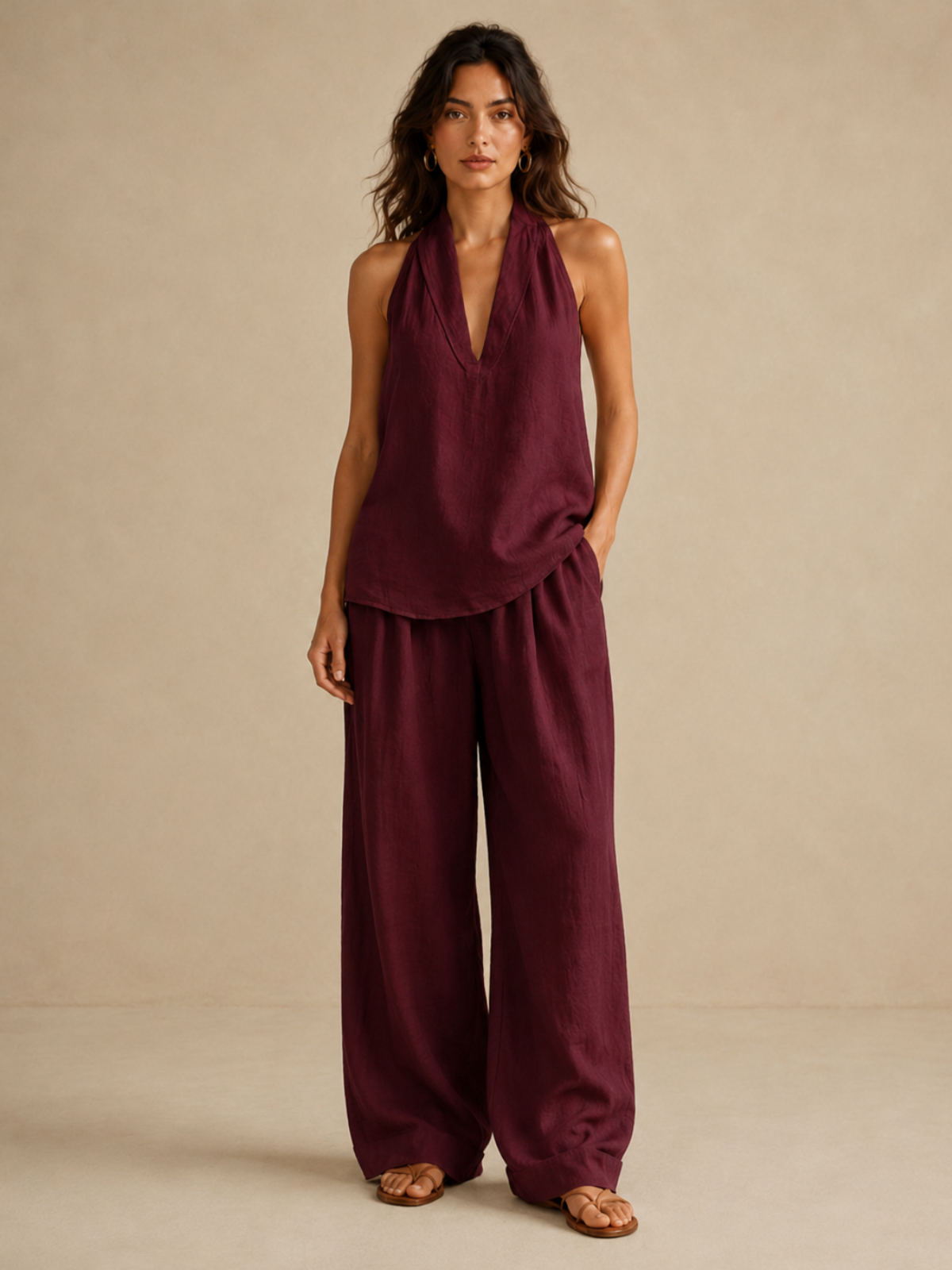 Elegant Style Halter Top & Wide-Leg Pants Co-Ord
