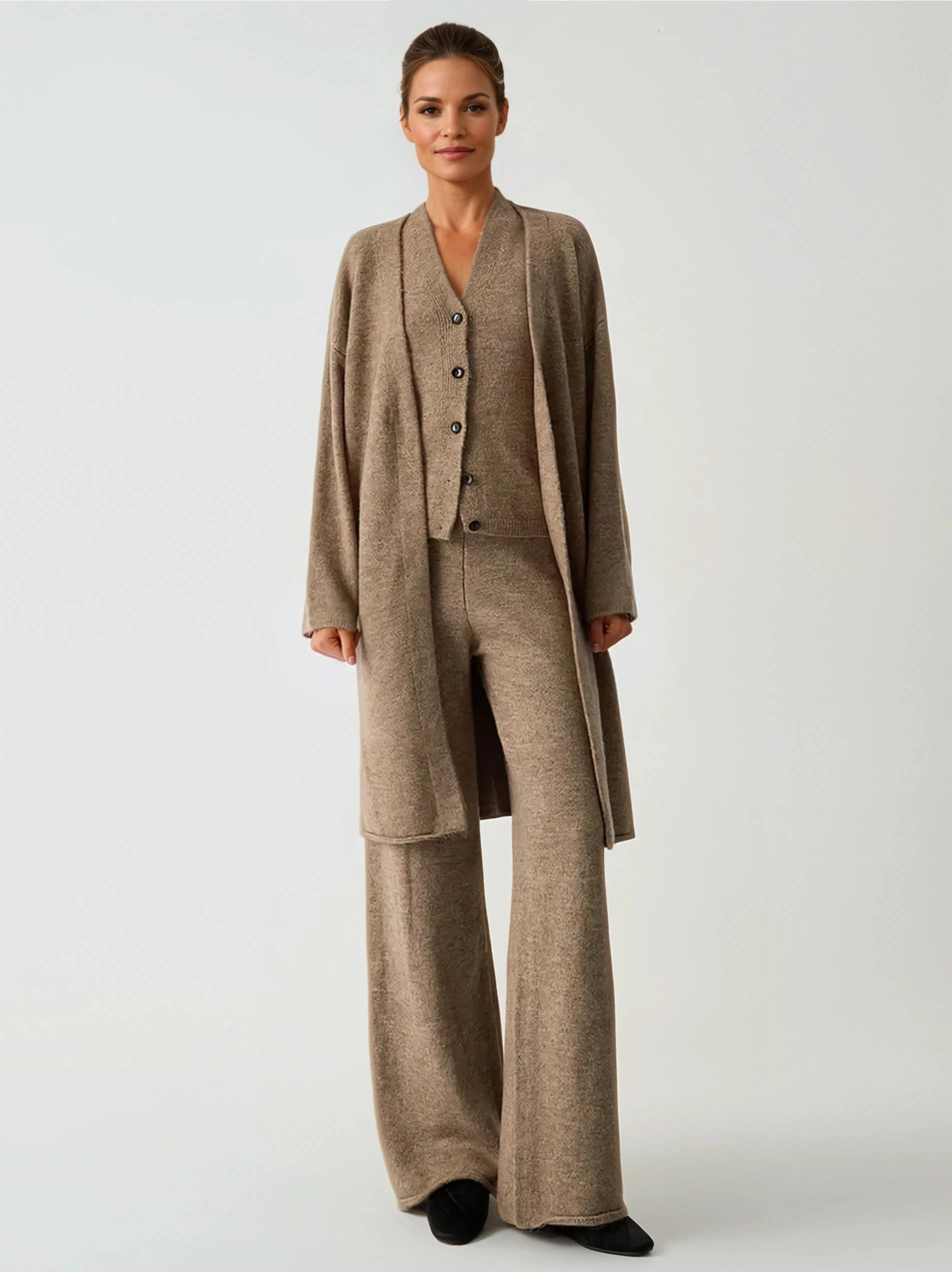 Leisure Long Cardigan Three Piece Pants Set - LA FEMME WANDERER