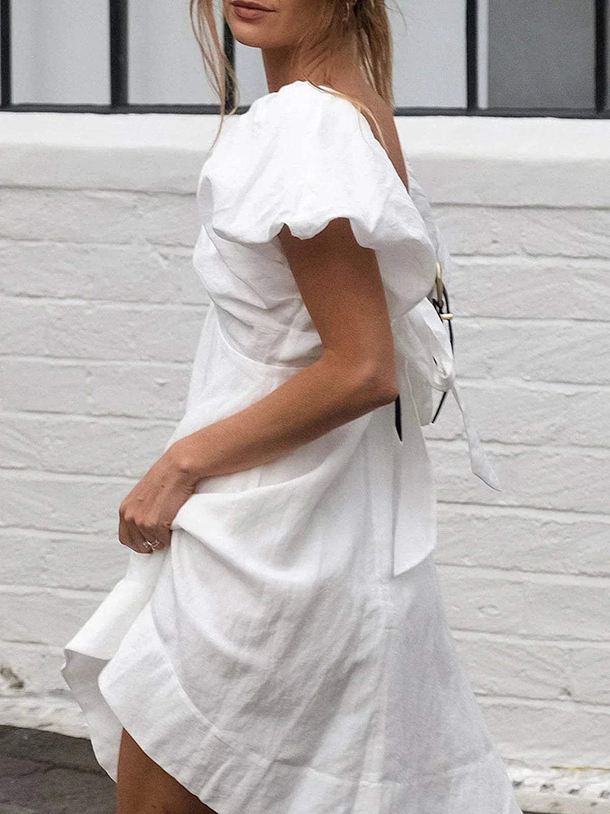 Cotton V-Neck Puff Sleeves Backless Dress | LA FEMME WANDERER Cotton V-Neck Puff Sleeves Backless Dress | LA FEMME WANDERER