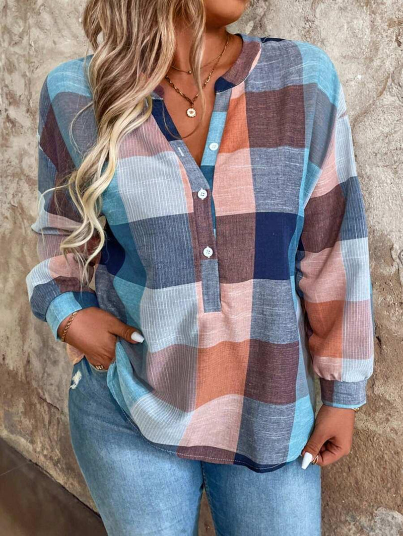 Plus Size Plaid Drop Shoulder Blouse Casual Wear Loose Fit