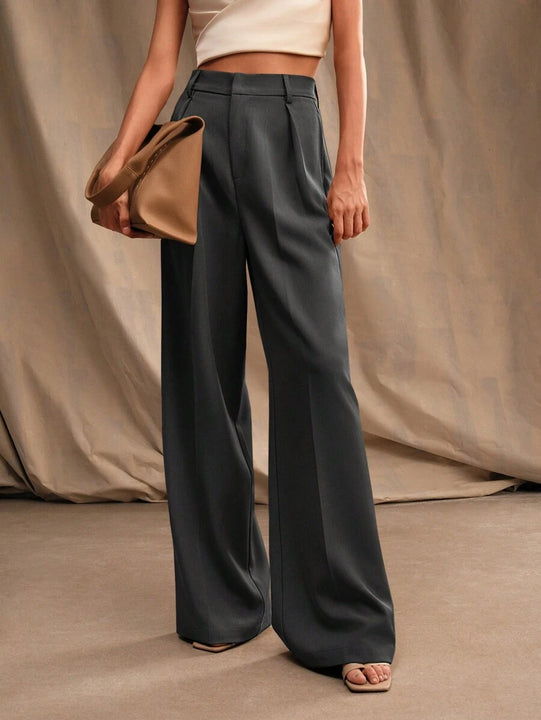 High Waist Wide Leg Trousers With Pleats And Zipper