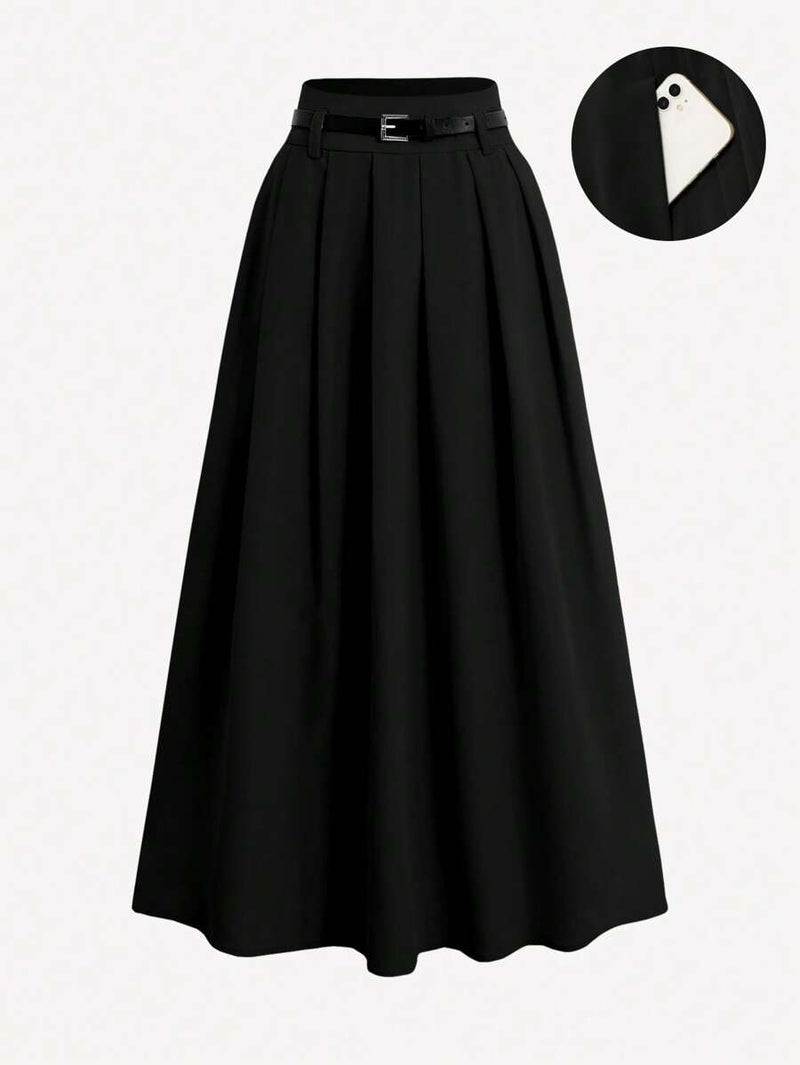 Pleated High Waist Decorative Belt Skirt With Pockets