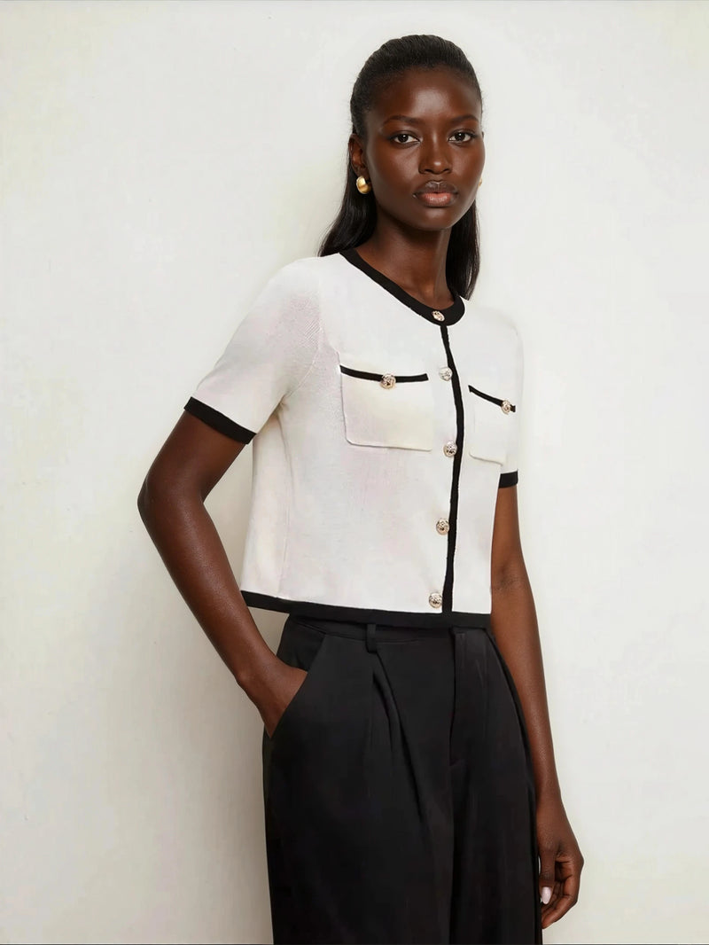 Block Knit Top Lined For Warmth With Metal Buttons Casual