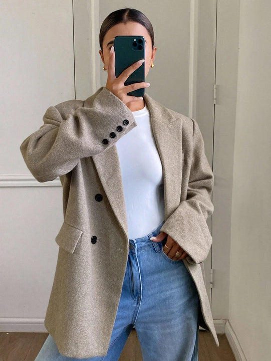 Warm Wool Blend Overcoat Notched Collar Double Breasted