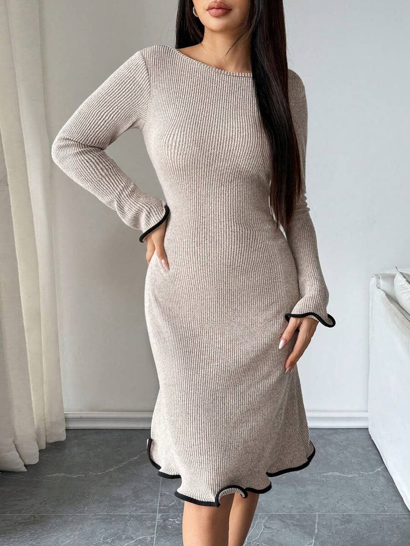 Ribbed Knit Long Sleeve Bodycon Dress With Flounced Hem For Autumn Winter Elegance