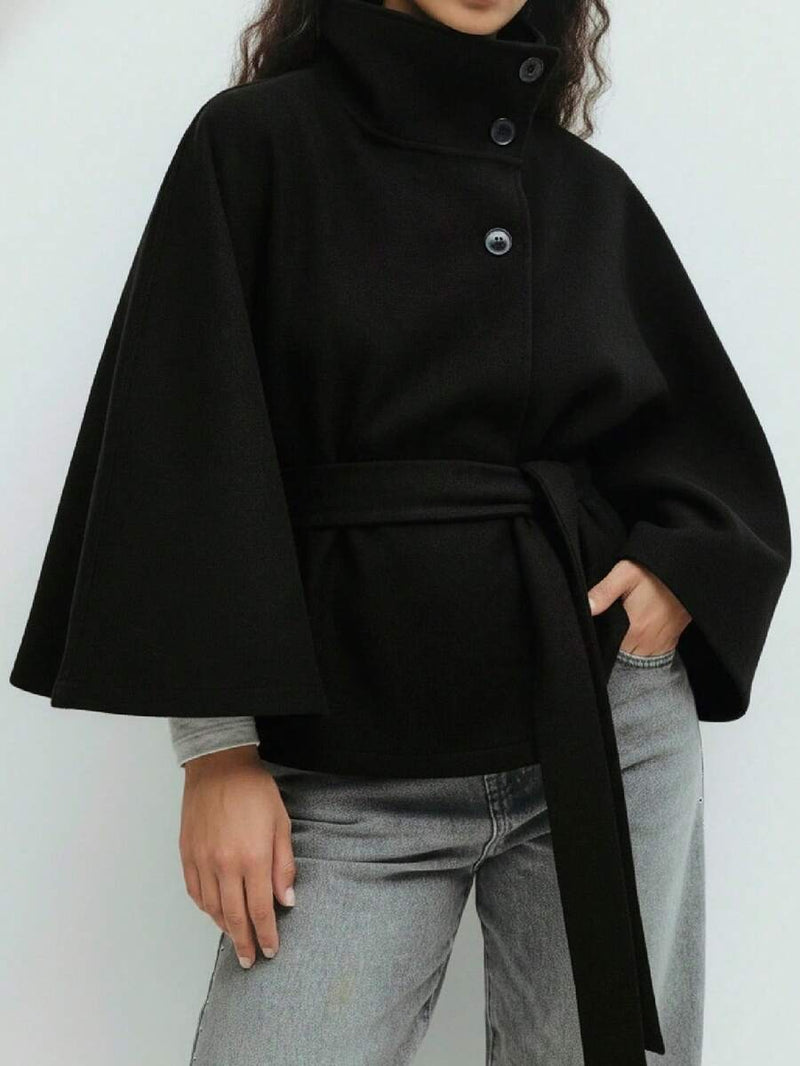 Hooded Belted Wool Cape Coat