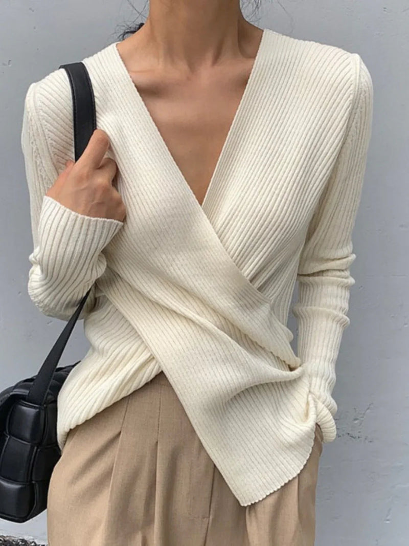 V-neck Cotton Cross Knitted Sweater