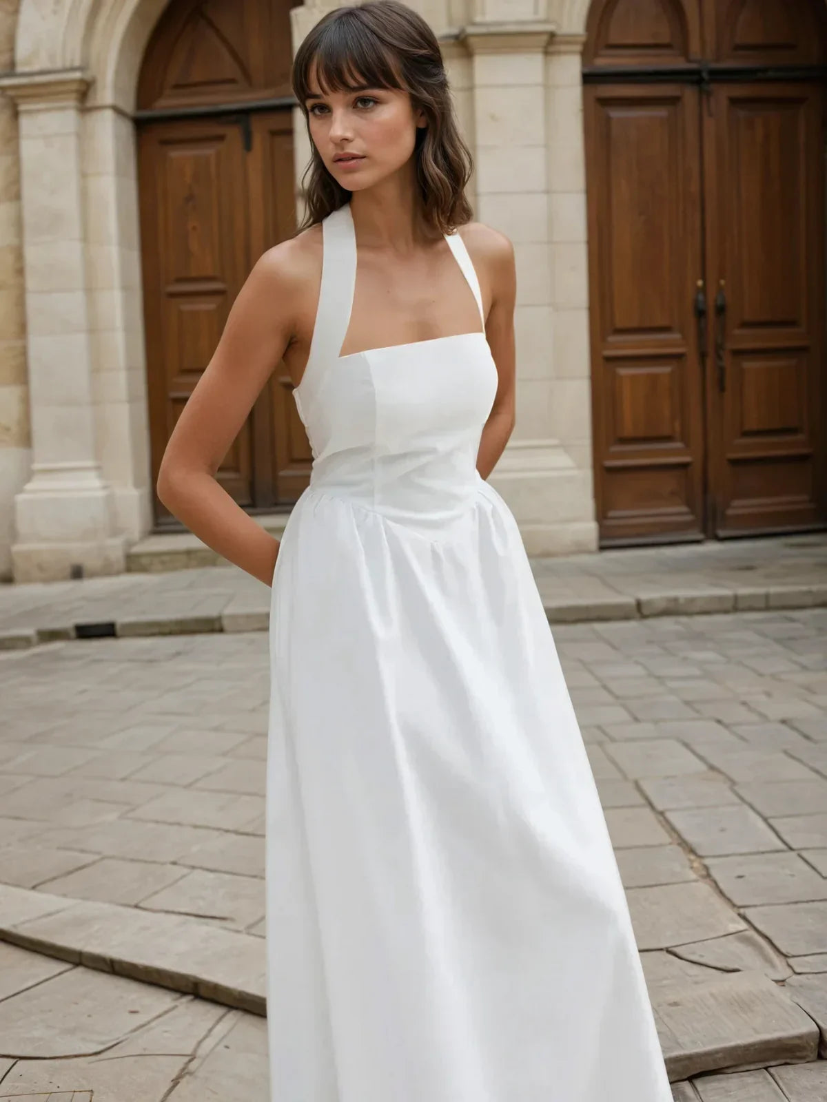 Simple and Chic Cotton & Linen Halter A Line Long Dress | LA FEMME WANDERER Simple and Chic Cotton & Linen Halter A Line Long Dress | LA FEMME WANDERER