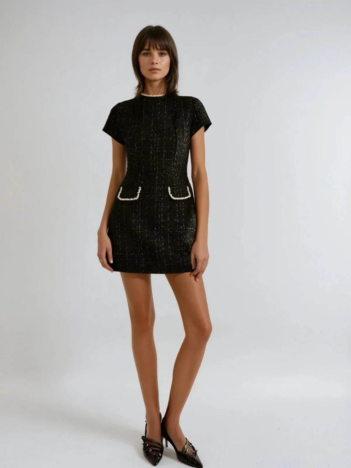 Slim Fit Elegant Style Short Sleeve Tweed Dress | LA FEMME WANDERER Slim Fit Elegant Style Short Sleeve Tweed Dress | LA FEMME WANDERER