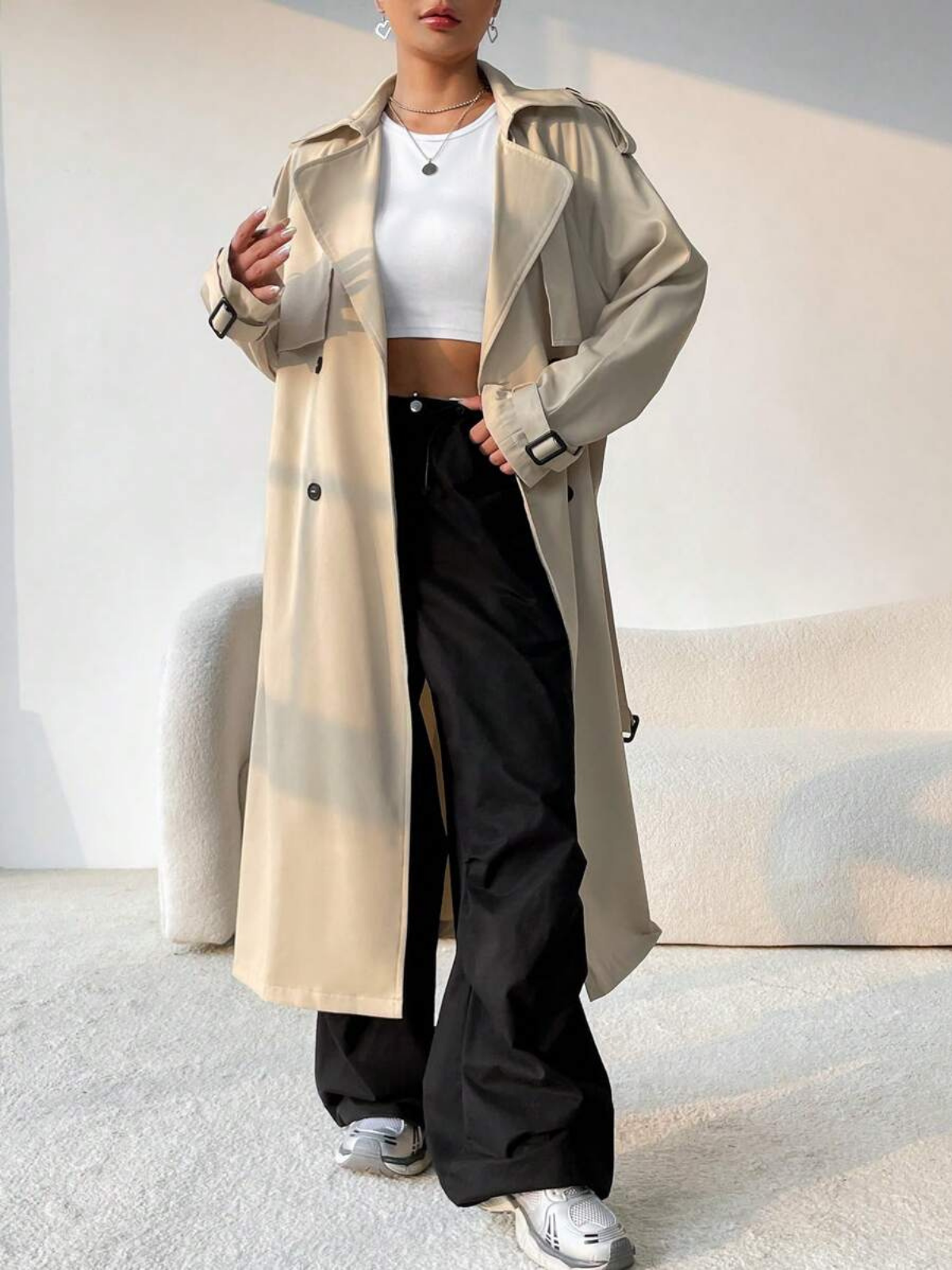 Elegant Long Solid Color Trench Coat - LA FEMME WANDERER