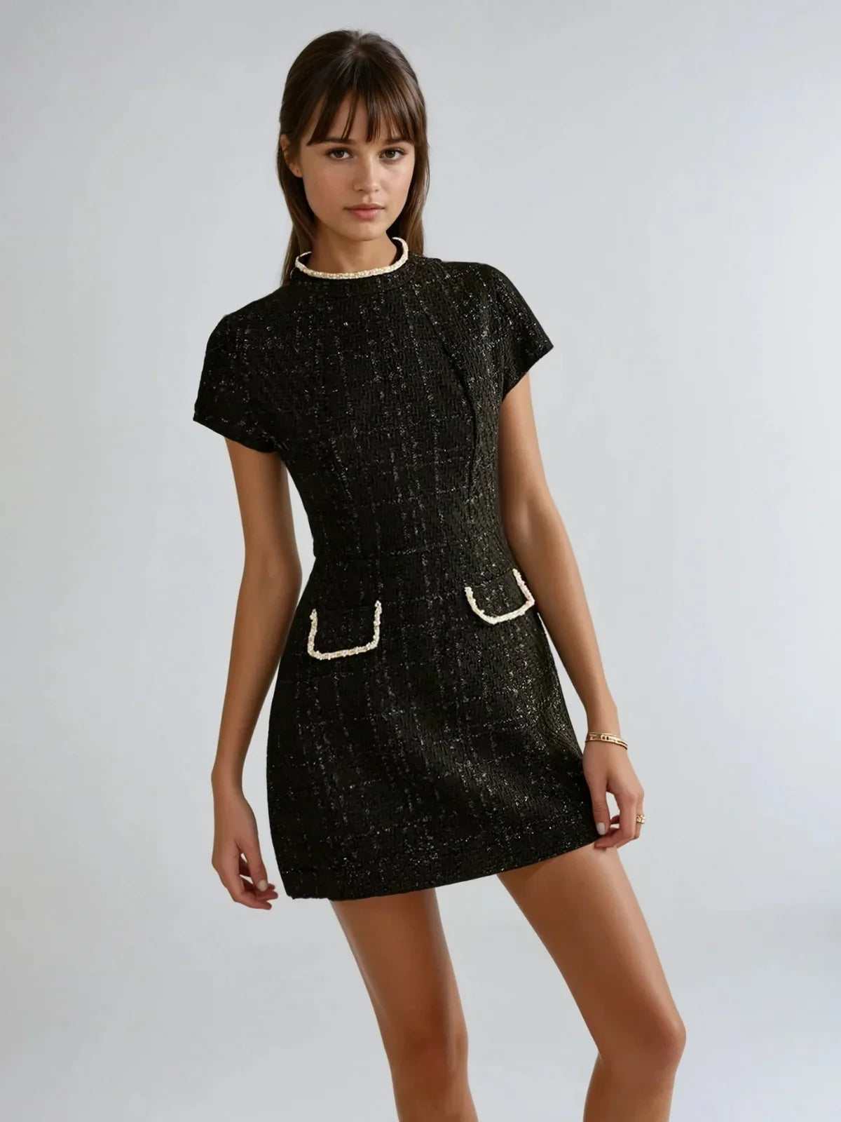 Slim Fit Elegant Style Short Sleeve Tweed Dress | LA FEMME WANDERER Slim Fit Elegant Style Short Sleeve Tweed Dress | LA FEMME WANDERER
