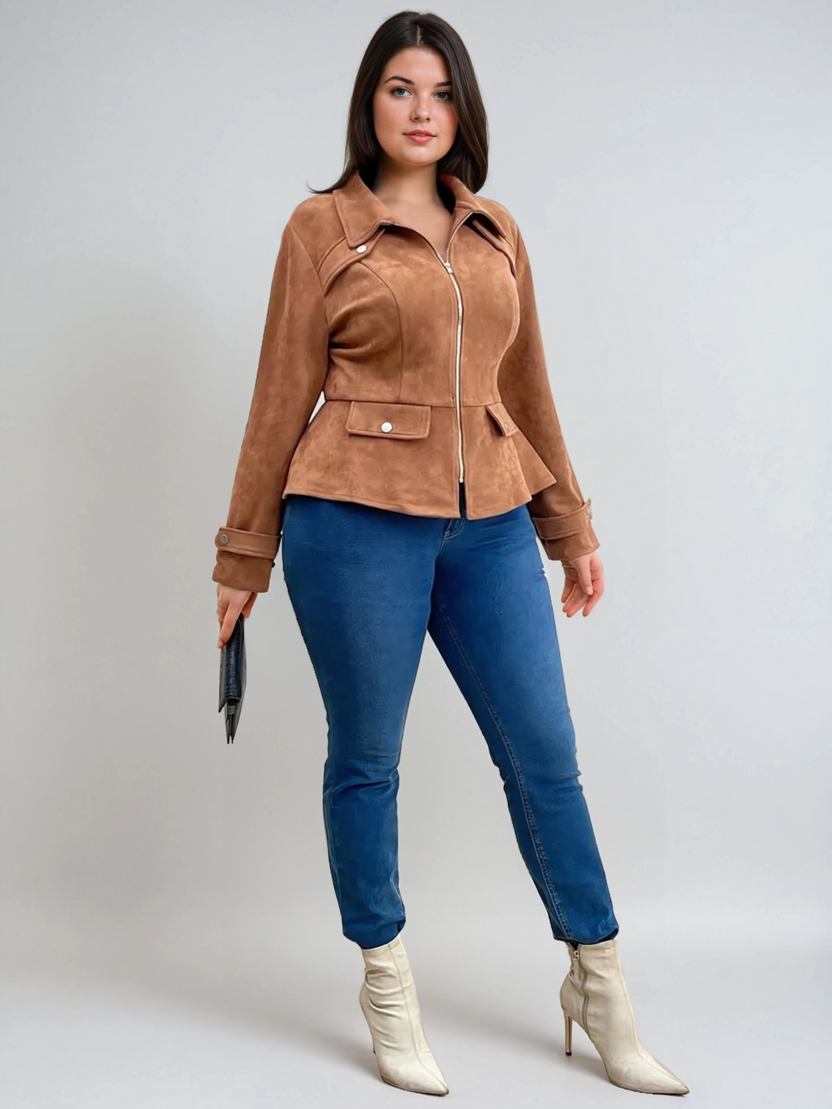 Plus Size Waisted Burgundy Casual Jacket With Front Zipper
