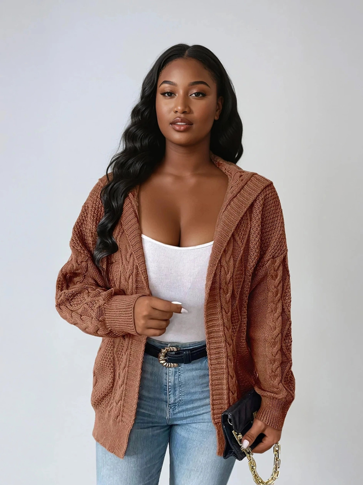 Plus Size Hooded Cable Knit Cardigan Open Front Casual