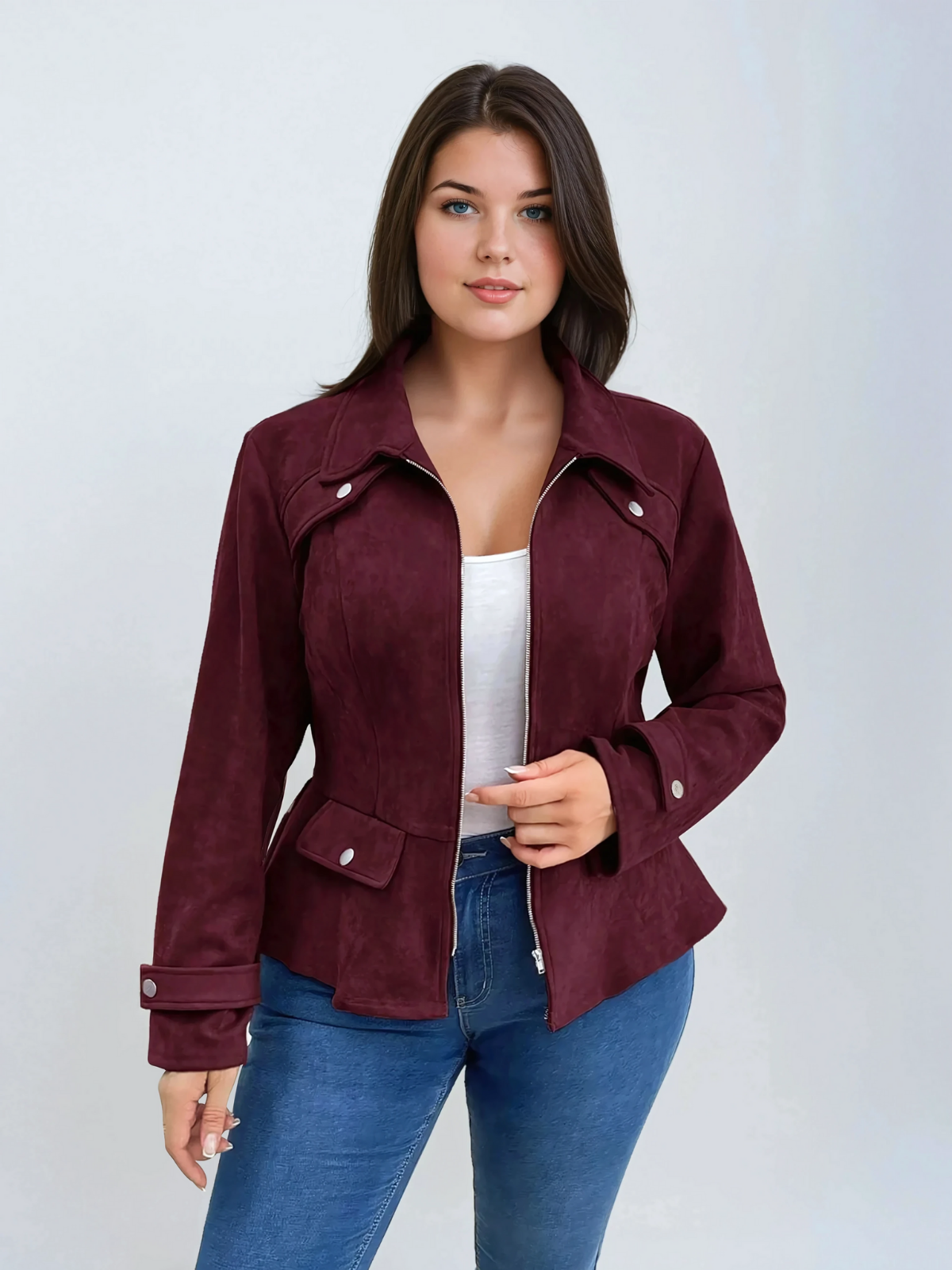 Plus Size Waisted Burgundy Casual Jacket With Front Zipper