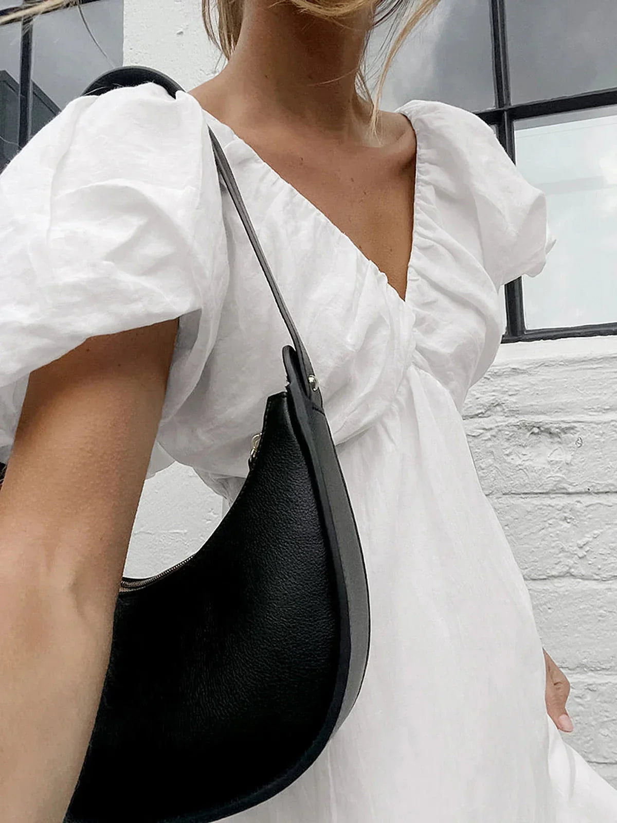 Cotton V-Neck Puff Sleeves Backless Dress | LA FEMME WANDERER Cotton V-Neck Puff Sleeves Backless Dress | LA FEMME WANDERER