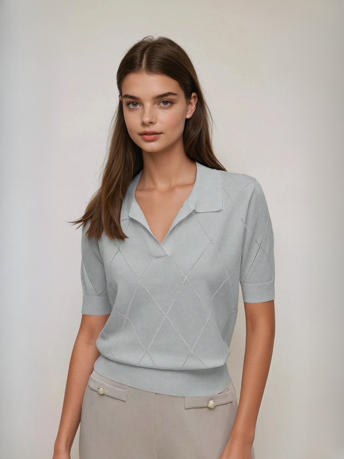 Diamond Knit Polo Collar Short Sleeve Pullover Soft Casual